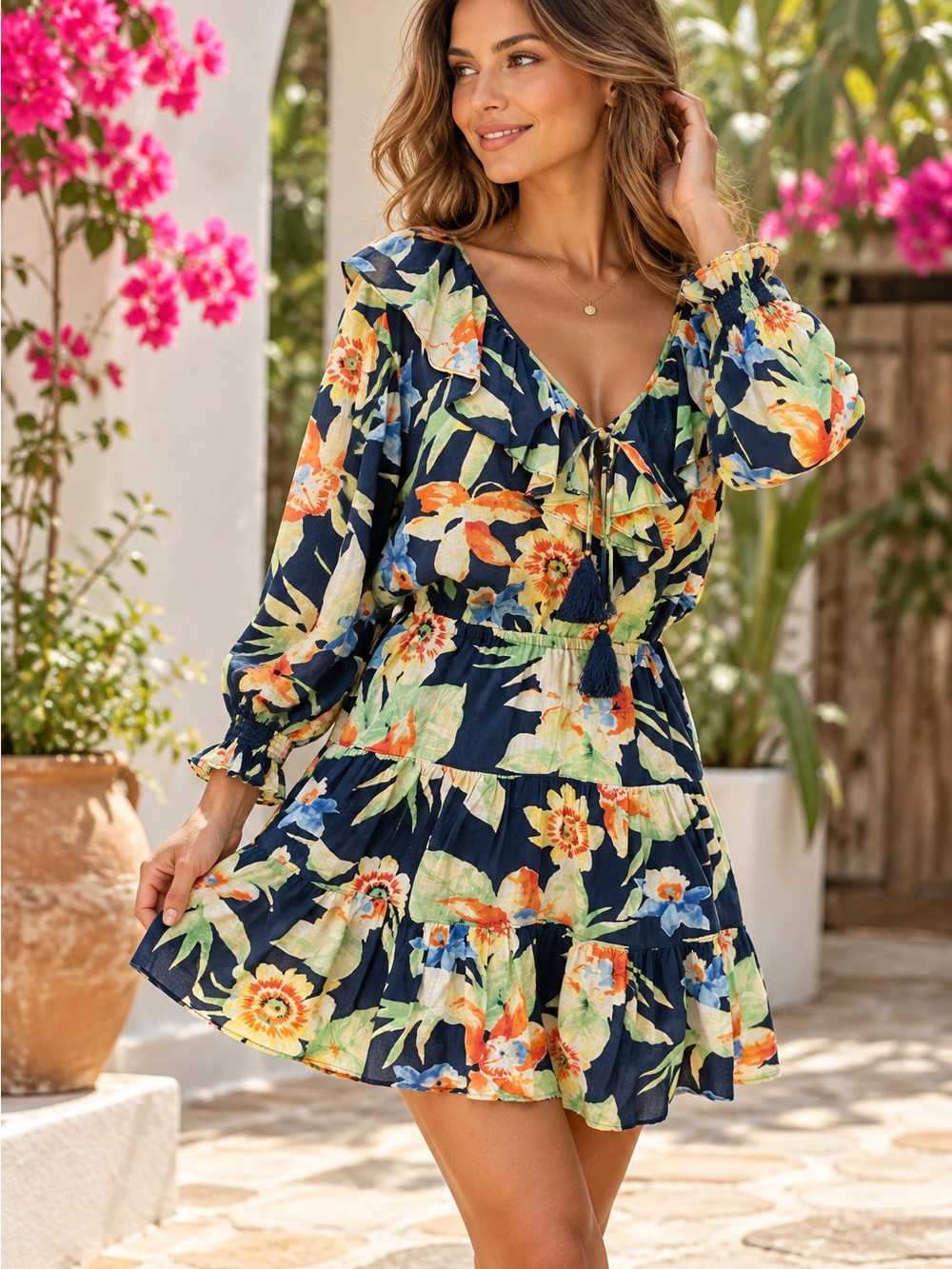 Lauren Ralph Lauren Floral Ruffle Dress Size 4 Navy Multicolor
